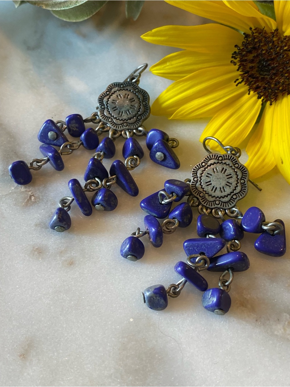 Ariat Silver-Tone Chandelier Earrings with Deep Blue Bead Drops